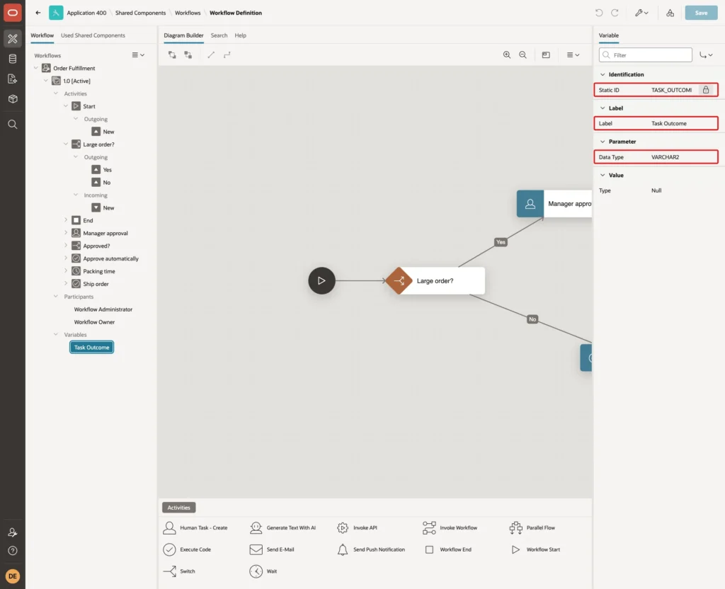 Workflow Designer showing the variable with Static ID TASK_OUTCOME, Label Task Outcome and Data Type VARCHAR2 marked with red boxes