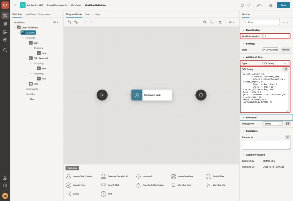 Workflow Designer showing the version with Workflow Version 1.0, Additional Data Type SQL Query and the query marked with red boxes