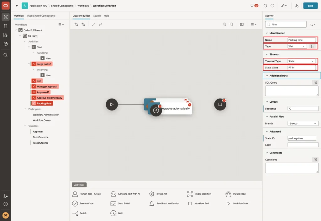 Workflow Designer showing Packing time with Type Wait, Timeout Type Static and Static Value PT1M marked with red boxes