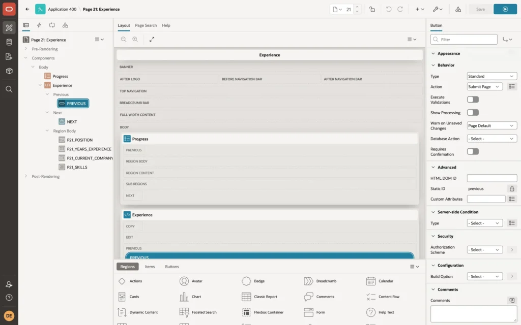 Page Designer showing the PREVIOUS button with Action Submit Page and Execute Validations off