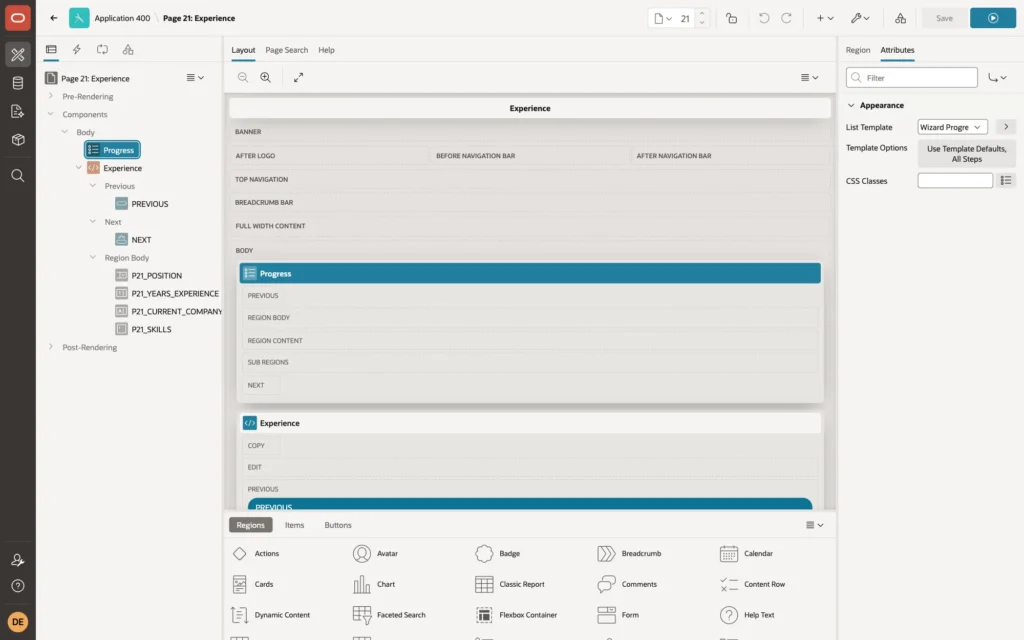 Page Designer showing the Progress list region with List Template Wizard Progress on page 21