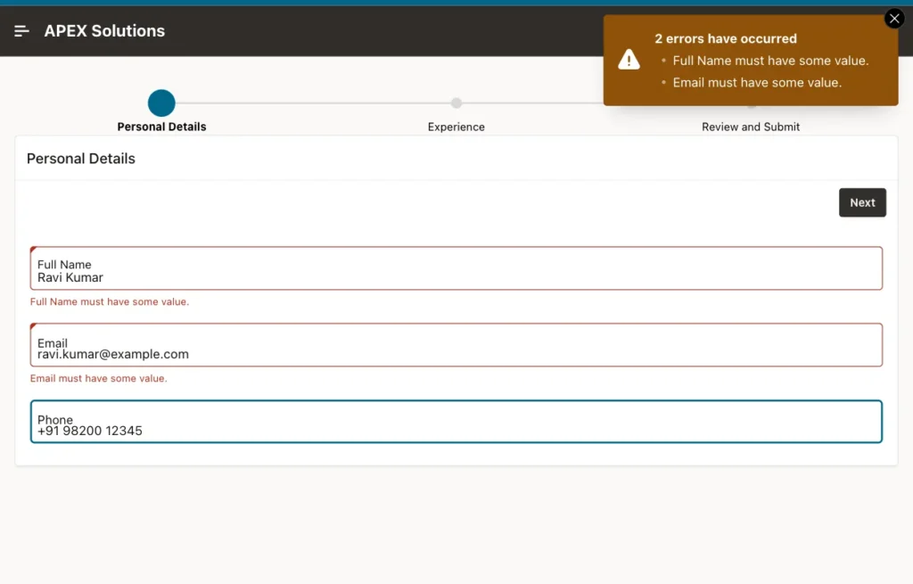 Oracle APEX wizard step Personal Details with Full Name, Email and Phone filled in and the progress list on top