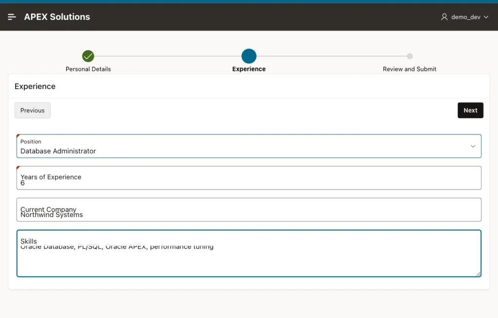 Oracle APEX wizard step Experience with position, years of experience, company and skills filled in