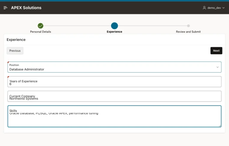 Oracle APEX wizard step Experience with position, years of experience, company and skills filled in
