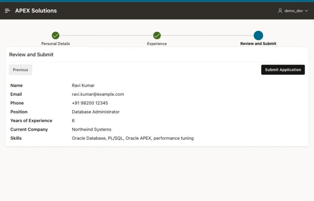 Oracle APEX wizard review step listing all values entered in the previous steps with a Submit Application button