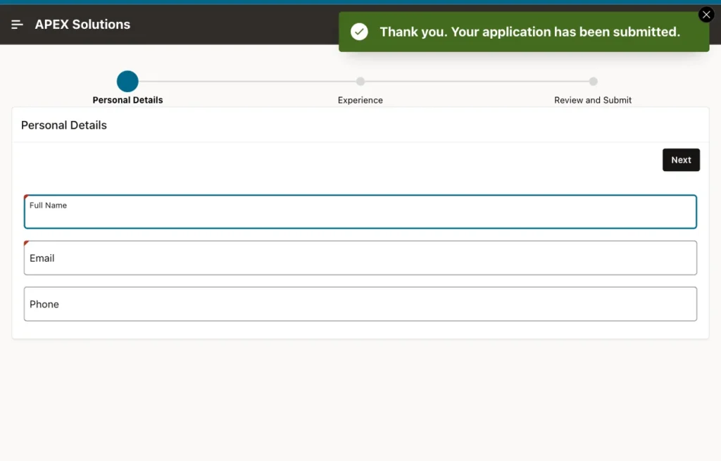 Oracle APEX wizard back on the first step with empty fields and the message Thank you. Your application has been submitted.