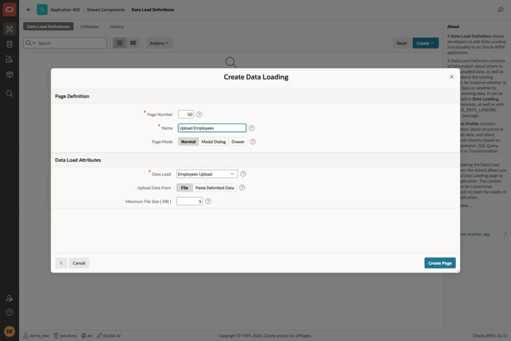 Create Data Loading page dialog with page number 50, name Upload Employees, and Data Load Employees Upload selected