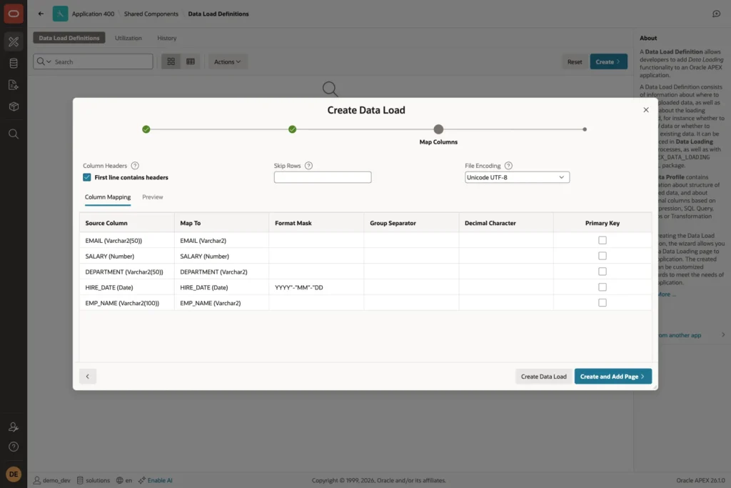 Create Data Load wizard, Map Columns step, with all five source columns mapped to table columns and a date format mask for HIRE_DATE