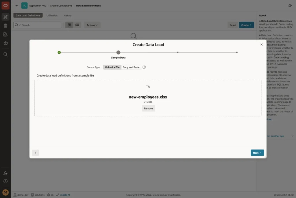 Create Data Load wizard, Sample Data step, with the file new-employees.xlsx uploaded as the sample
