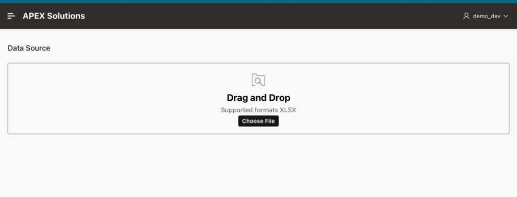Oracle APEX Upload Employees page with a drop zone for a file