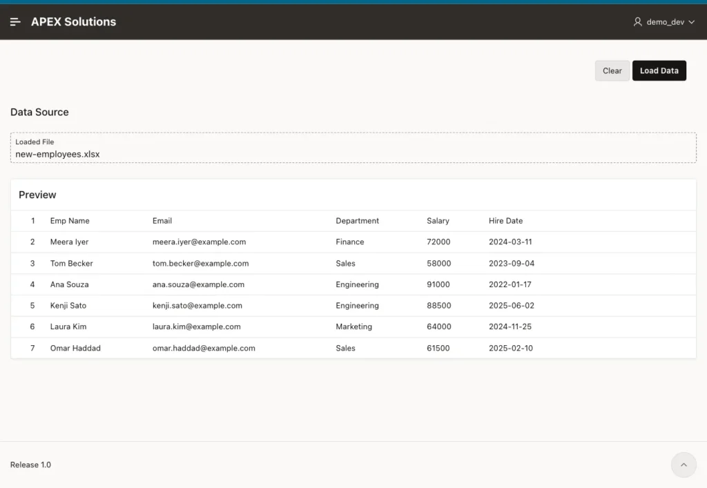 Oracle APEX Upload Employees page showing the loaded file name and a preview of the six employees from the workbook