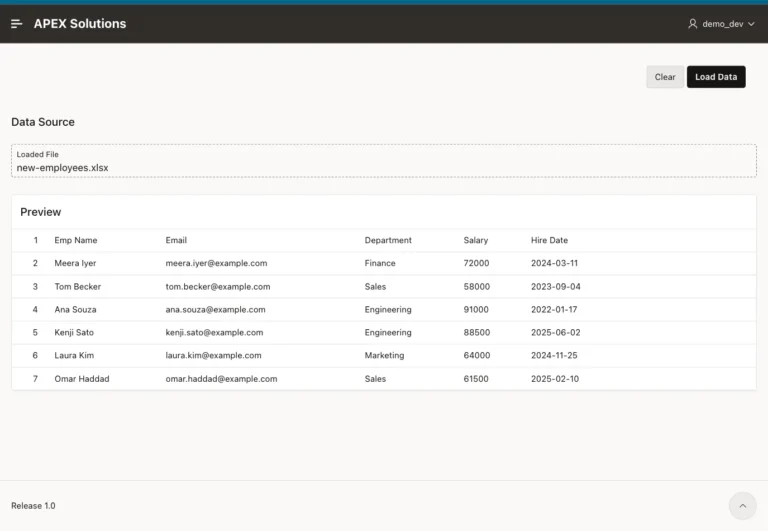 Oracle APEX Upload Employees page showing the loaded file name and a preview of the six employees from the workbook
