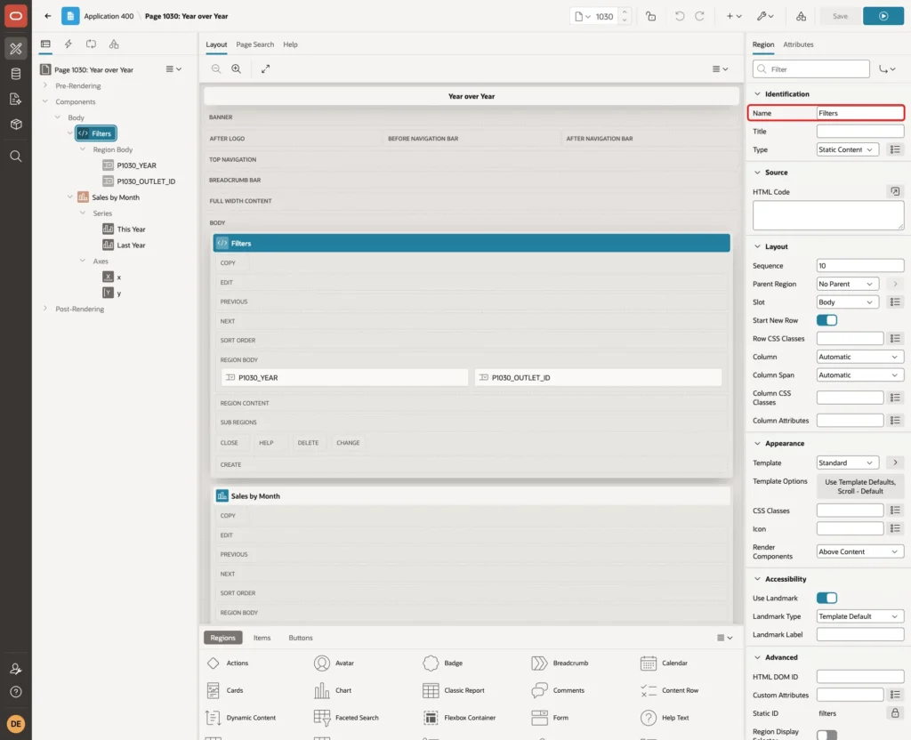 Page Designer with the region Name Filters marked with a red box