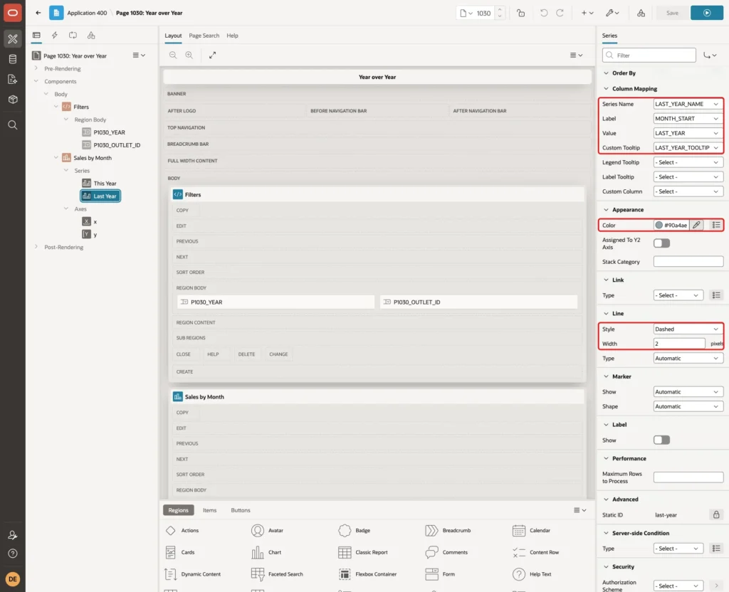 Column Mapping of the Last Year series with Series Name LAST_YEAR_NAME, Label MONTH_START, Value LAST_YEAR, Custom Tooltip LAST_YEAR_TOOLTIP, Color #90a4ae, Line Style Dashed and Width 2 marked with red boxes