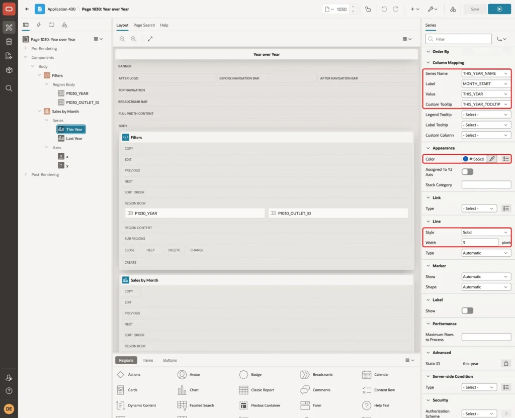 Column Mapping of the This Year series with Series Name THIS_YEAR_NAME, Label MONTH_START, Value THIS_YEAR, Custom Tooltip THIS_YEAR_TOOLTIP, Color #1565c0, Line Style Solid and Width 3 marked with red boxes