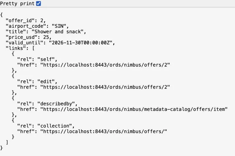 Browser showing the JSON of lounge offer 2 returned by the ORDS AutoREST endpoint offers/2